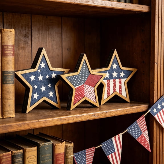 WWC 4th of July Wooden Stars, 3 pcs Patriotic Red White Blue Table Decor for 250th Anniversary Independence Day