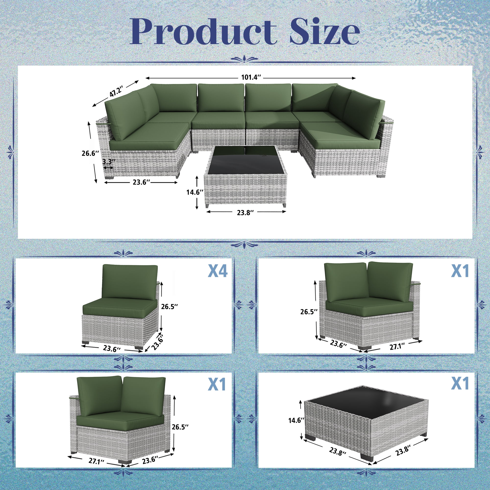 KIGOTY 7 Piece Outdoor Patio Furniture, Wicker Rattan Outdoor Conversation Set Sectional Sofas for Backyard, Garden,Grayish-White Dark Green