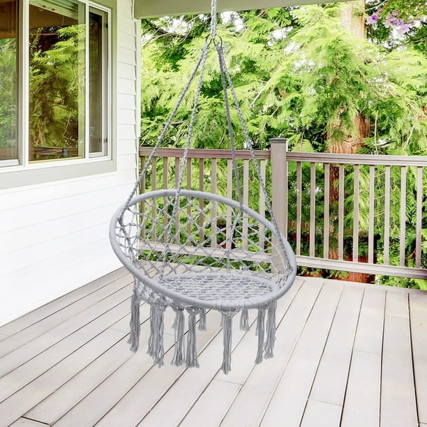 Silla de Hamaca Colgante de Cuerda de Algodón Costway con Borlas para Patio Sala de Estar Balcón Gris 80 x 60 x 125 cm Hasta 150 kg