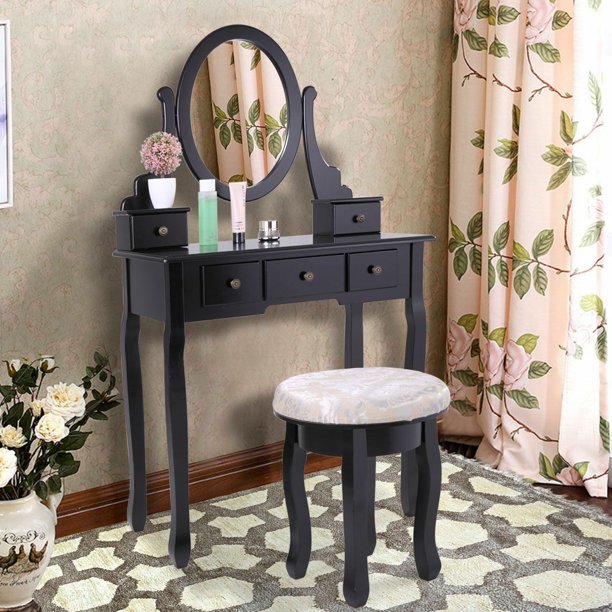 Topcobe Makeup Vanity Set with Drawers, Vanity Table with Stool, Makeup