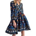 thumbnail image 3 of Women'S V-Neck Long Sleeve Printed Short Dress Loose Casual Bohemian Style Mini Beach Dress Blue L, 3 of 9