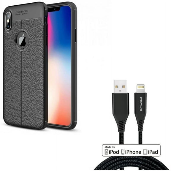 PU Leather Case w Certified 6ft MFi USB Cable for iPhone XS Max - Slim Fit Cover Reinforced Bumper Shock Absorbent Black and Charger Cord Power Wire Braided Long
