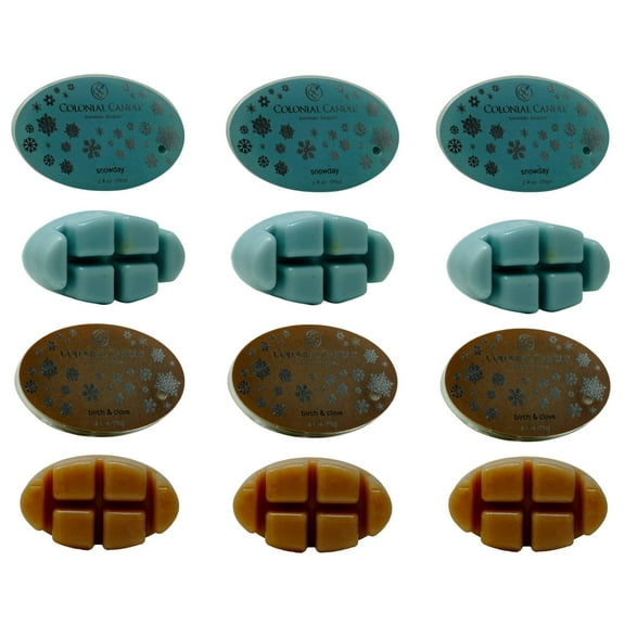 Colonial Candle Wax Melts (6 Packs, 2.4 oz Each, 36 tarts) Simmer Snaps 3 Birch & Clove and 3 Snow Day