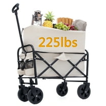 Double Grocery Cart, Telescopic Folding Utility Wagon 225lb Weight Rolling Carts with Wheels for Grocery Camping Garden Sports Shopping Fishing, Cream