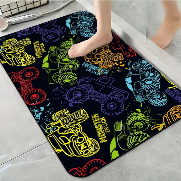 1pc Monster Truck Pattern Bathroom Rug Bathroom Decor and Accessories- Durable,Anti Slip,And Quick Drying,Suitable For Indoor/outdoor Use - Perfect For Bathrooms,Bedrooms,Kitchens
