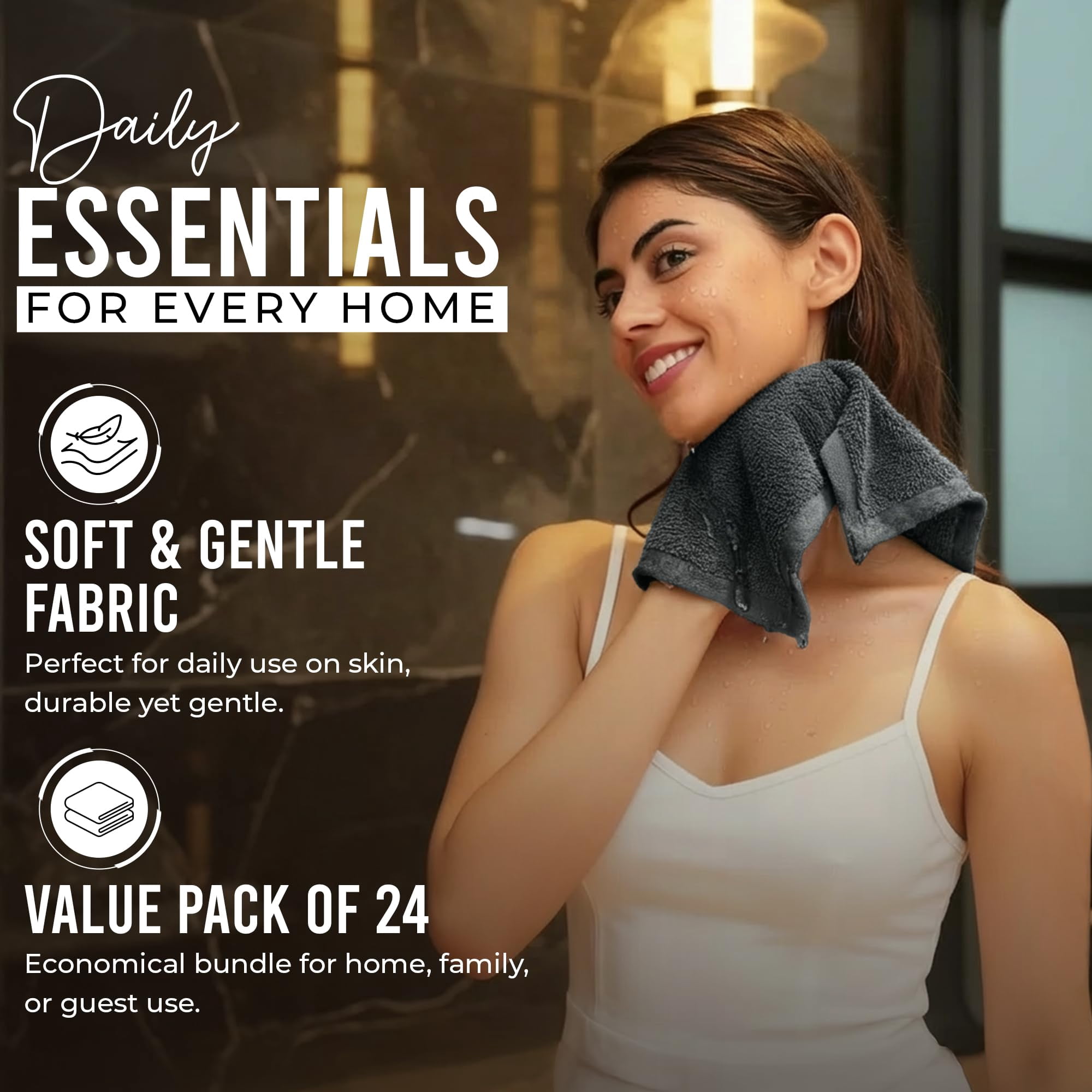 RIVERSIDE 24 Pack Luxury Washcloths 12x12 with Soft Cotton 400 GSM Quick Dry and Absorbent for Face & Body - Ash