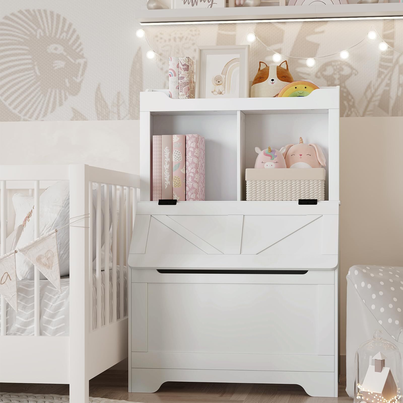 Kids Bookshelf and Toy Storage with Flip Top Lid, Wooden Toddler Bookcase Cabinet with Cubbies, Toy Storage Organizer with Bookshelf for Playroom Bedroom Nursery Classroom, White