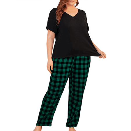 

Ybenlow Women 2 Piece Plus Size Pajamas Set Plaid Pants + Short Sleeve T Shirt