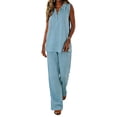 thumbnail image 6 of Miluxas Spring Summer Casual 2 Piece Outfits for Women Solid Lapel Sleeveless Shirts Matching Wide Leg Palazzo Pants Light Blue, 6 of 9