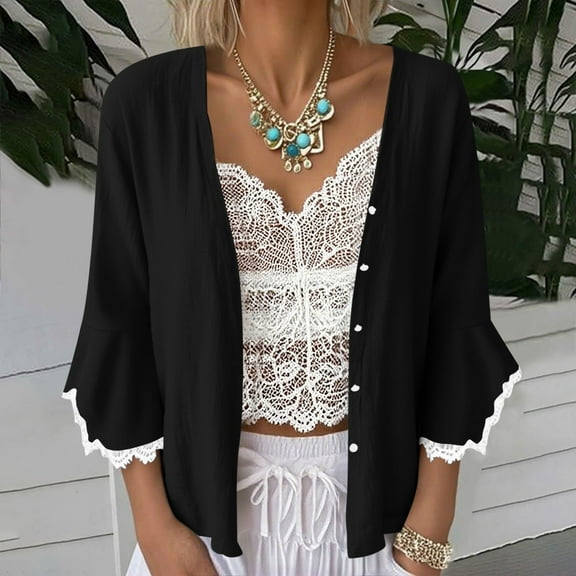 Lenago Cardigan Sweaters for Women Solid 3/4 Sleeve Flared Cuffs Lace Linen Cardigan Lightweight Open Front Casual Autumn Outwear Loose Cardigan Tops