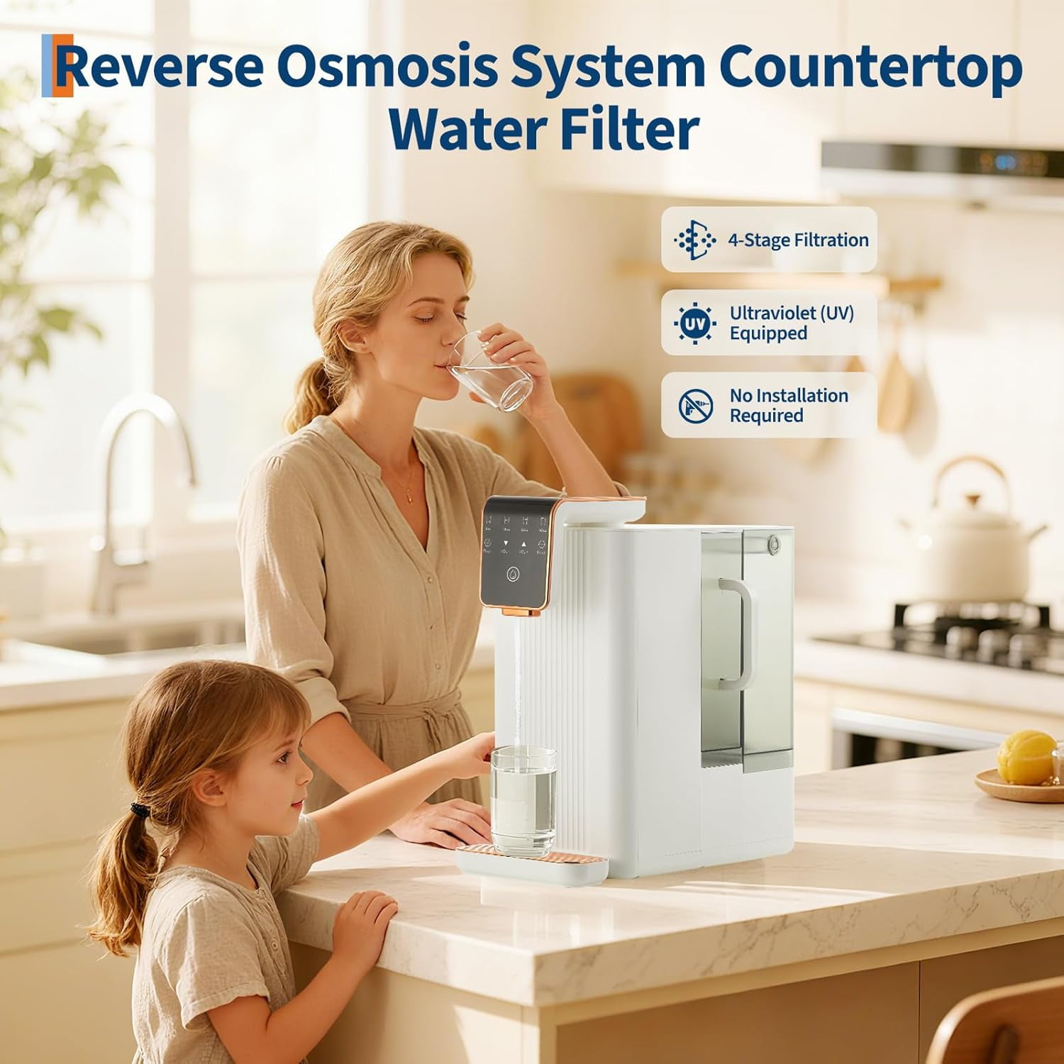 Rugerasy 100GPD Countertop Reverse Osmosis Water Filter,5-Stage Water Filtration System with Portable Pitcher,4:1 Pure to Drain,TDS Real-Time Displaying & 4L RawTank/1.5L Pure Tank,White