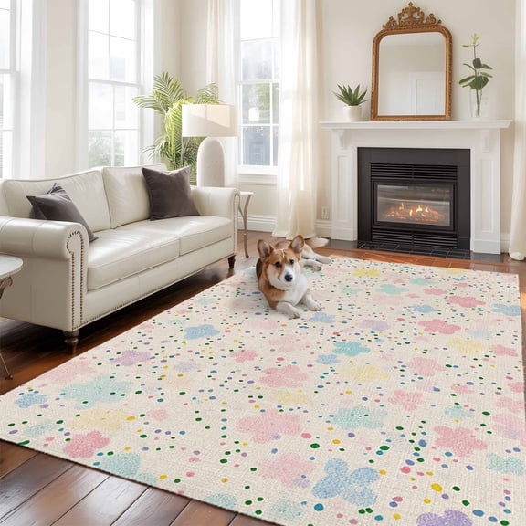 5'x8' Area Rugs, Colorful Flowers Indoor Outdoor Area Rug for Living Room Bedroom, Polka Dots Spring Modern Retro Washable Bathroom Rugs Kitchen Floor Carpet Mats Home Decor Aesthetic