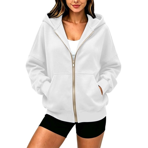 Vrorvz Full Zip Sweatshirts for Women Hooded Drawstring Shirt Long Sleeve Shirts Fall Oversized Casual Sweatshirt