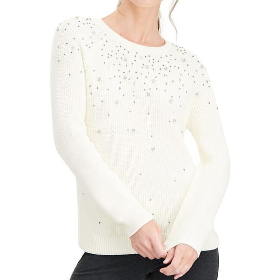 I.N.C Womens Allover Sparkle Pullover Sweater, White, X-Large