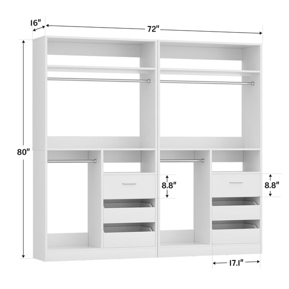 Homieasy 72''W x 16''D x 80''H Closet Organizer System 2-Piece Set, Heavy Duty Closet System with 6 Drawers, 4 Hanging Rods & Shelves for Closet/Bedroom/Apartment, White