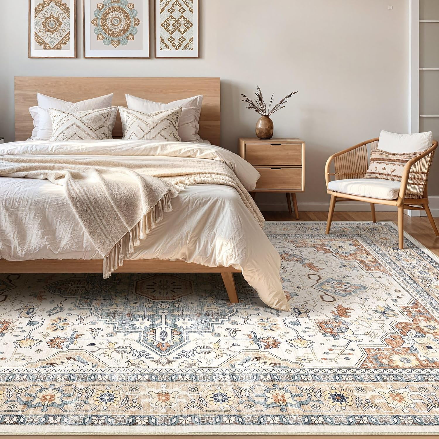Toyoso 6x9 Area Rug Living Room Rug - Large Soft Machine Washable Boho Vintage Stain Resistant Floral Bedroom Rug Neutral Farmhouse Low Pile Distressed Carpet for Dorm Dining Room- Beige Blue