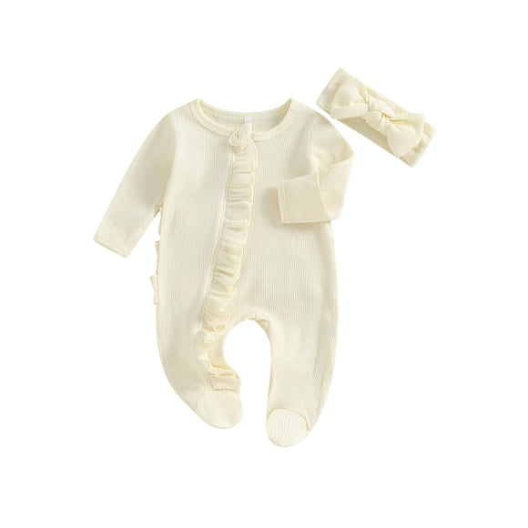 Pijama enterizo de bebé niña con estampado de gofre, mangas largas y diadema.