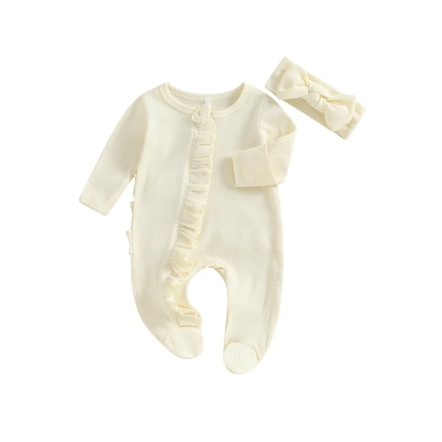 Pijama enterizo de bebé niña con estampado de gofre, mangas largas y diadema.