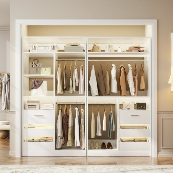 iSunirm 72" Closet System 2-Piece Set, Walk-in Closet System with 6 Drawers & 4 Hanging Rods, Heavy Duty Wardrobe Closet with Open Storage Shelves, for Bedroom/Closet, 72"L x 16"W x 80"H, White