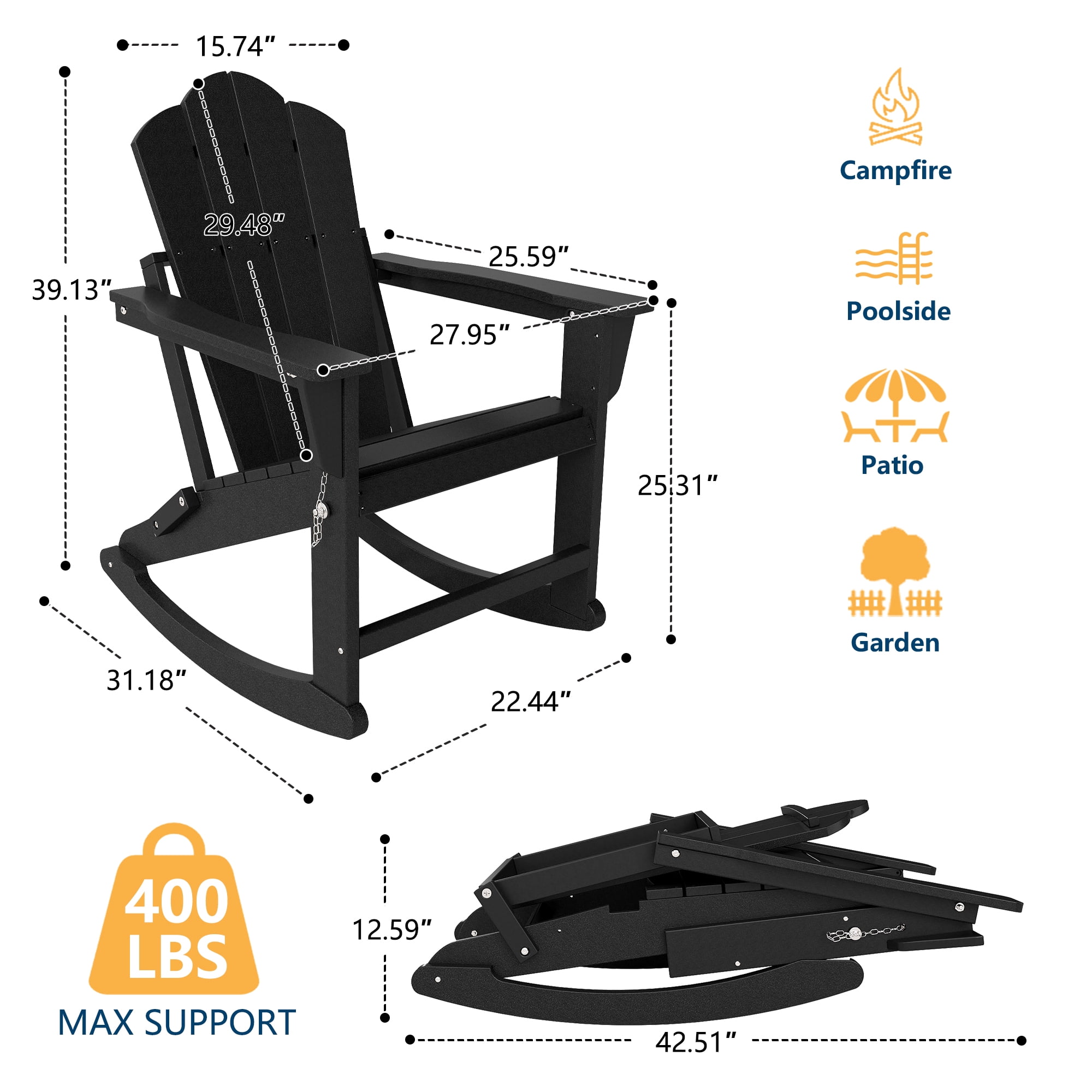 FOOWIN Folding Rocking Adirondack Chair Set of 2, HDPE Plastic Rocking Chairs for Patio Porch Rocker Chair, Black