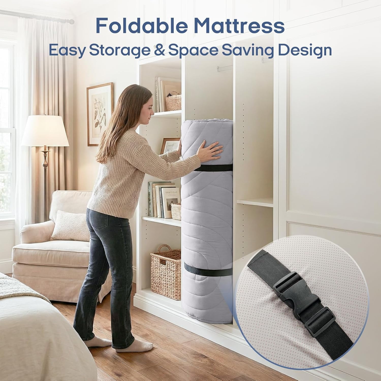 ZonLi Full Size Grey Japanese Floor Mattress Futon, Roll Up Tatami Mat, 2.5in Thick Foldable Floor Bed for Sleeping