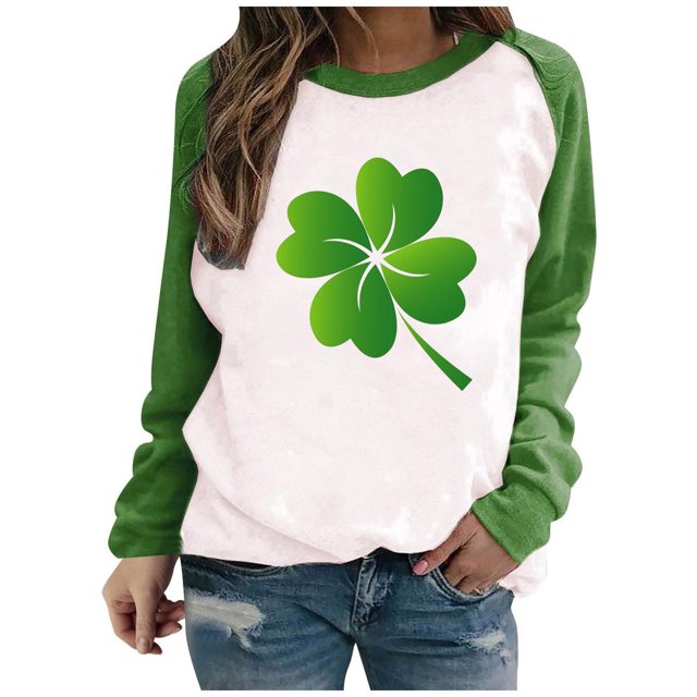 QIPOPIQ T-Shirts à Manches Longues à Col Rond pour Femmes T-Shirts de la Saint-Patrick T-Shirts Amples pour Dames T-Shirt Imprimé Shamrock T-Shirt Vert Porte-Bonheur Haut T-Shirt à Col Rond Saint Patricks Day Offres de Chemises de Fête