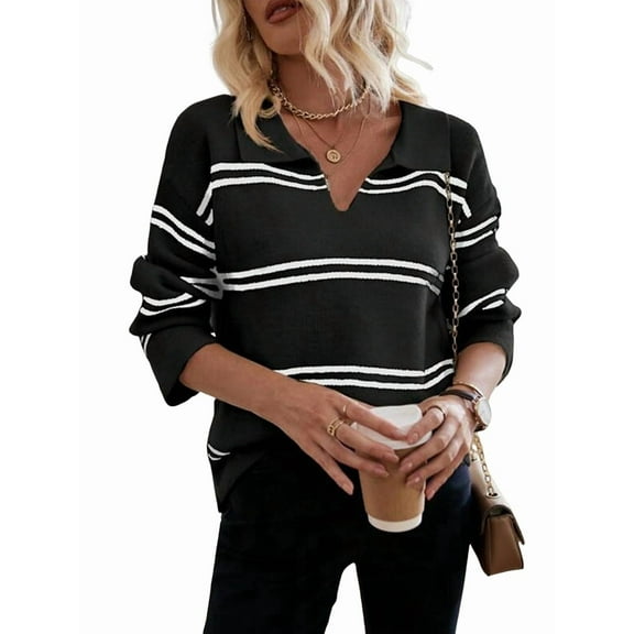 Women'S Casual Striped Long Sleeve V Neck Lightweights Pullover Sweater Loose Fit Drop Shoulder Knitted Shirt Tops Black L