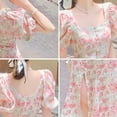 thumbnail image 3 of Vestido de verano para mujer, con escote cuadrado, manga corta abullonada, color liso, cintura alta, informal, fruncido, fluido, corte A, 3 of 5