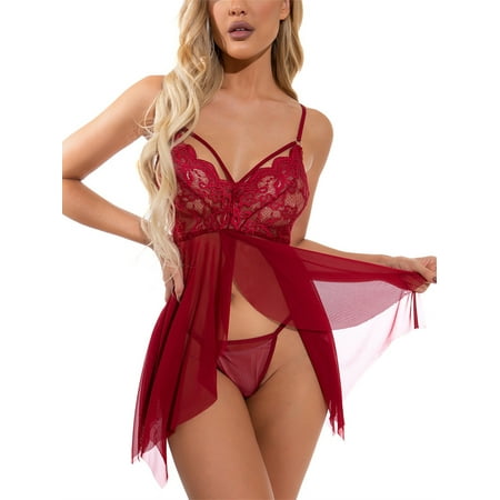 

Ritualay Women Chemise Lace Babydoll Nightwear Deep V Neck Backless Lingerie Two Pieces Ladies Teddy Crotchless Sexy Sheer Wine Red L