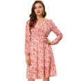 thumbnail image 1 of Vestido a media pierna con cuello en V y estampado floral con cintura fruncida Blanquecino flor roja M, 1 of 5