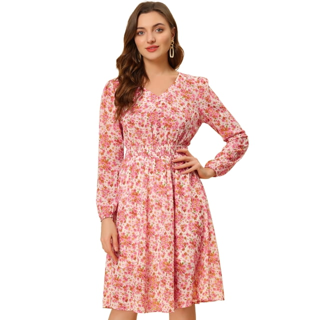 Vestido a media pierna con cuello en V y estampado floral con cintura fruncida Blanquecino flor roja M