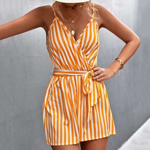 Women Spaghetti Strap Romper V Neck Striped Cross Front Short Jumpsuit with Belt One Piece Dress Look Wide Leg Playsuit, Yellow, XL