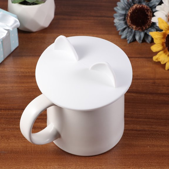 FENGGUIQU 2Pcs White Cat Ear Lid Silicone Cup Covers Reusable Sealing Dust Proof Cap