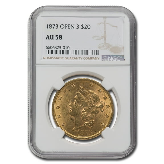 1873 $20 Liberty Gold Double Eagle Open 3 AU-58 NGC