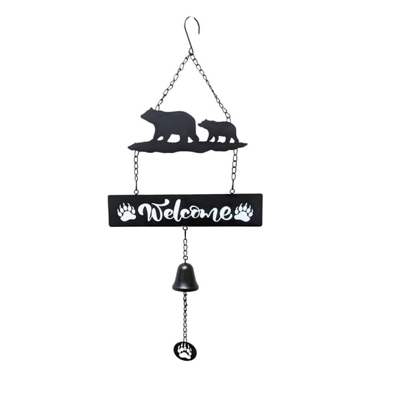 Metal Black Bear Welcome Sign Wind Chime with Hanging Bell – Rustic Farmhouse Outdoor Wall Decor – Woodland Bear and Cub Vintage Garden Ornament – Unique Gift for Nature Lovers