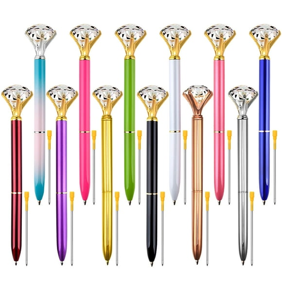 Coopay 12 Pcs Grands Stylos Diamant Cristal Stylos Colorés Stylos à Bille en Métal et 12 Recharges de Stylos à Bille en Encre Noire pour École Bureau