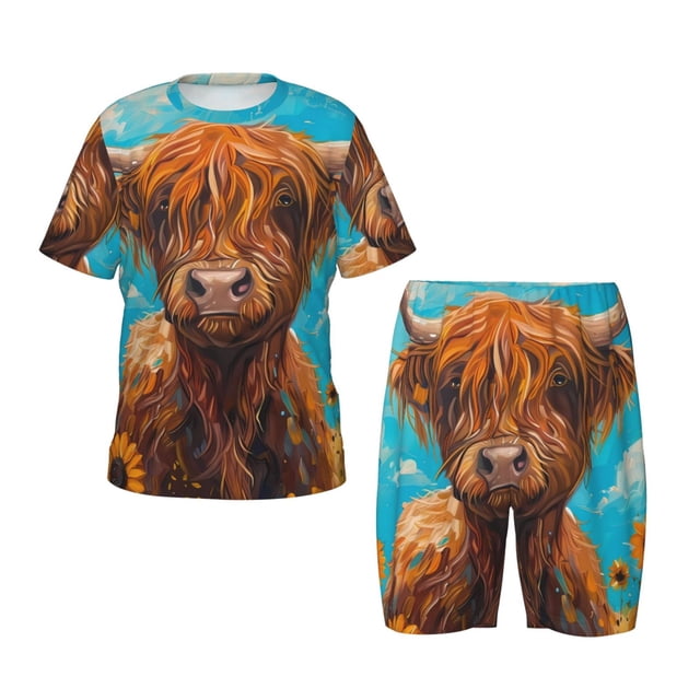Cauagu Art de Tournesols Mignons en Forme de Vache pour Enfants, Ensemble de Pyjamas à Manches Courtes, Ensemble d'Été pour Enfants, Pjs à Col Rond 2 Pcs Parfait pour Petits Garçons Filles-3x-Grand