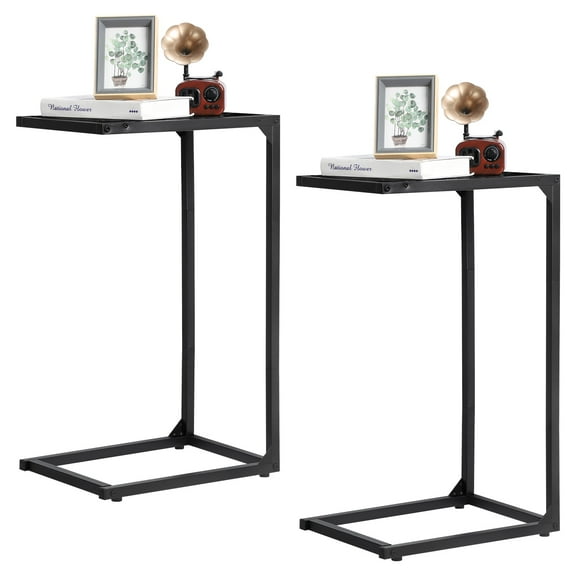 2 Pack C-Shaped End Tables, Narrow Sofa Side Table, Small Bedside Coffee Table for Living Room, Bedroom - Wood Grain Top & Metal Frame, Industrial Look, Easy Assembly,Black