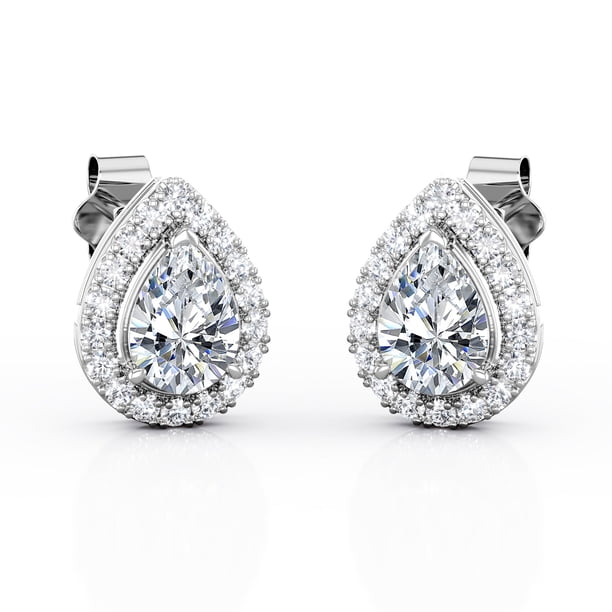 Aros Tipo Botón JeenMata con Halo de Moissanita En Forma de Pera de 1,1 Quilates En Baño de Oro Blanco de 18 K sobre Plata