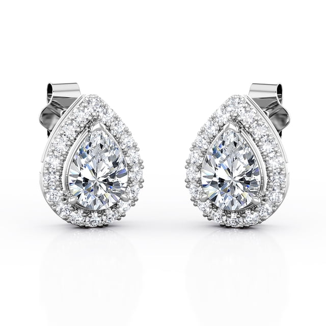 Aros Tipo Botón JeenMata con Halo de Moissanita En Forma de Pera de 1,1 Quilates En Baño de Oro Blanco de 18 K sobre Plata