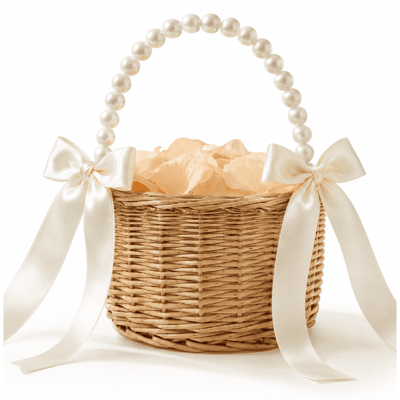 Flower Girl Basket for Wedding, 100 Petals Lightweight Wicker Rattan Basket for Little Hands, with Pearl Handle & Ribbon Bow