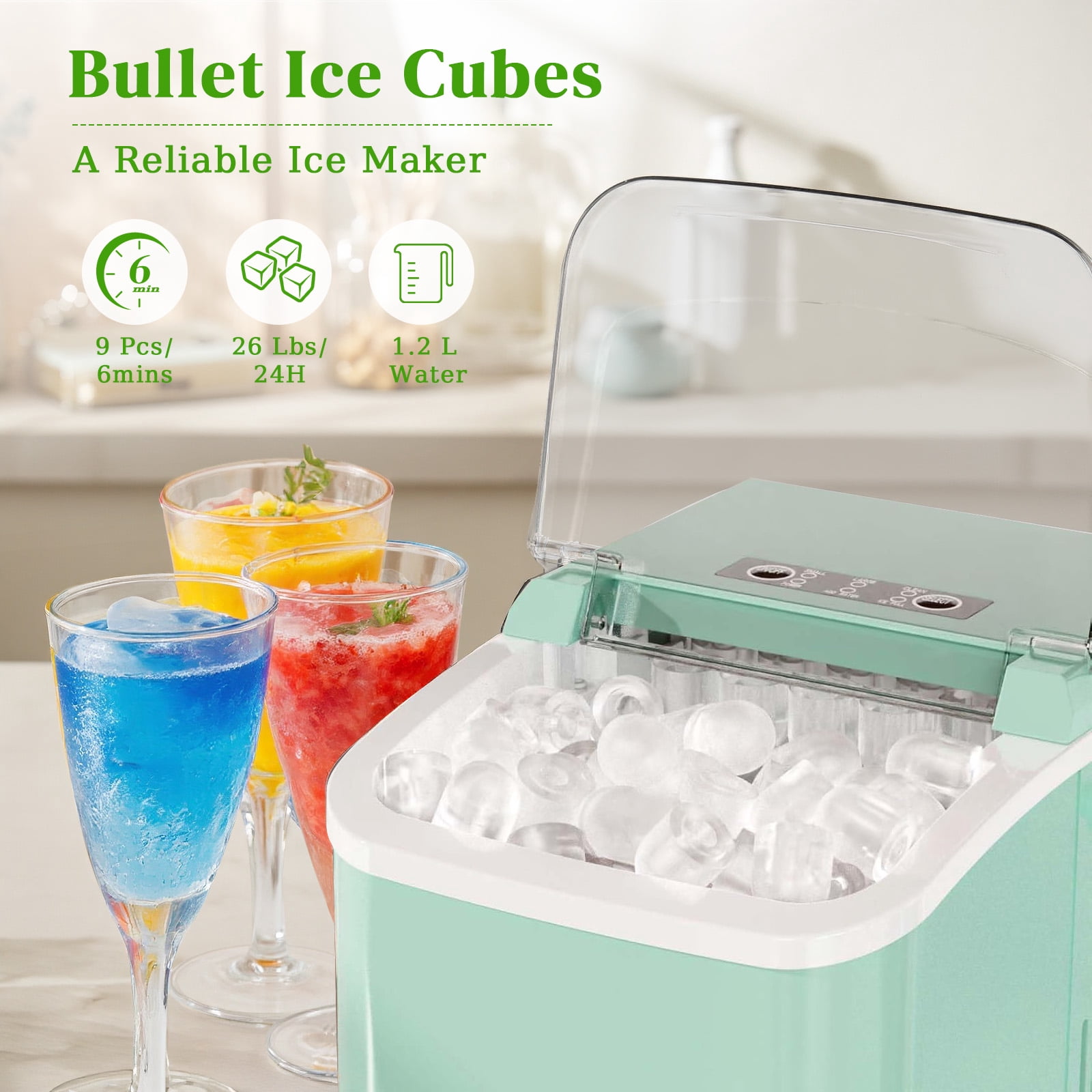 Haysky Countertop Ice Maker, 26 Lbs/24H, Ice in 6Mins, 2 Sizes, Self-Cleaning Portable Ice Machine Countertops for Home, Office, RV, Camping, Green