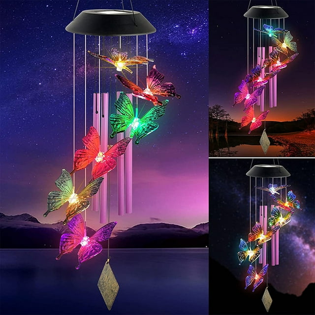 Campanas de viento decorativas con mariposas, regalos \ Lámparas colgantes solares con mariposas \ Regalos para mamá y abuela \ Regalos para mujeres \ Lámpara colgante para decoración de patio