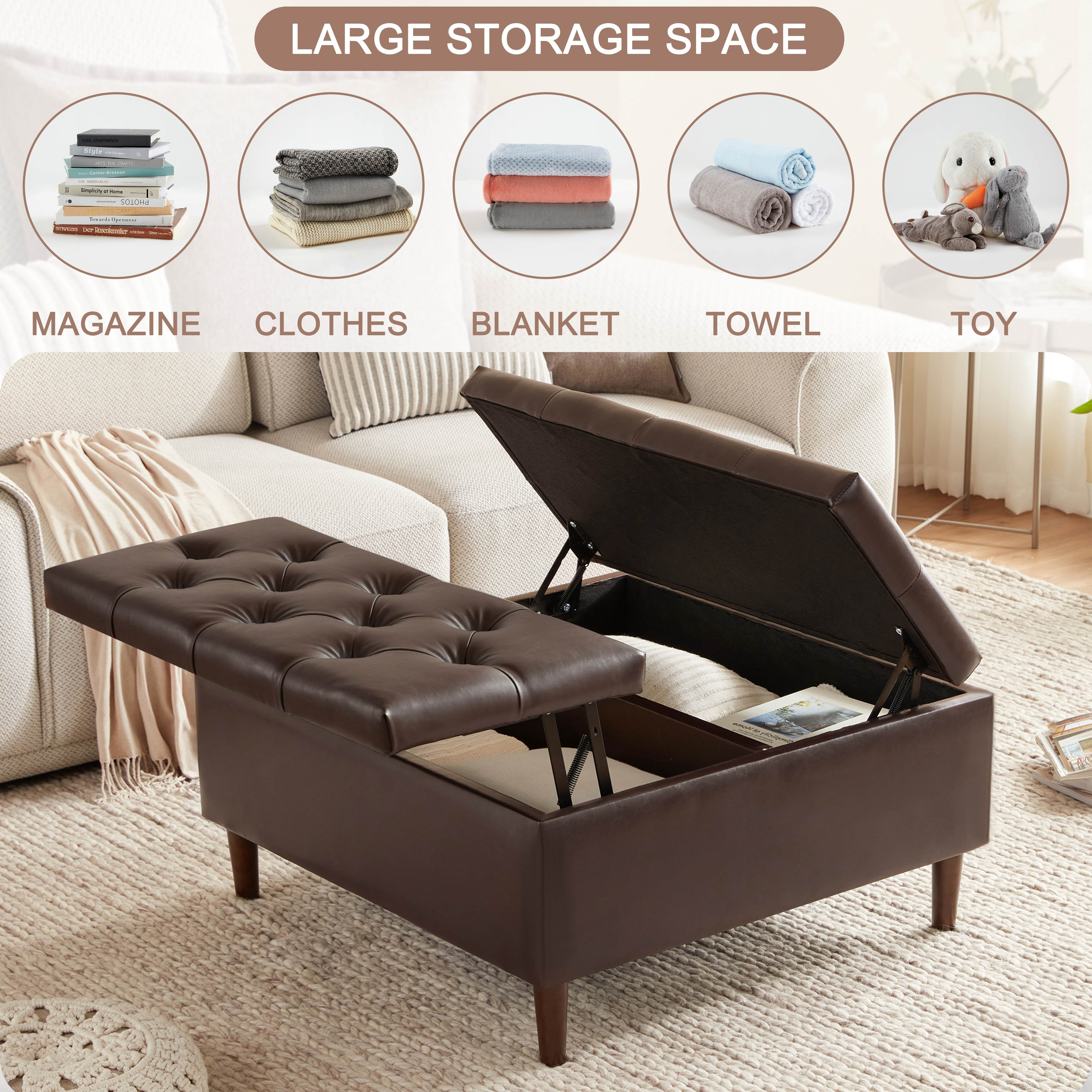 Weture Leather Oversized Square Storage Ottoman, Tufted Upholstered, No Assembly Required, 35 Inch, Brown