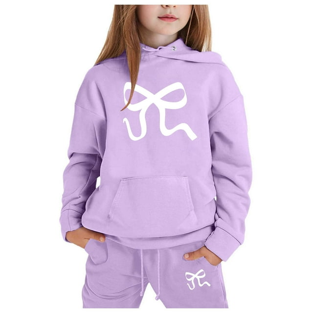 GDREDA Girls Sets 2 Piece Outfits Spring Children's Hoodie Set With Bow Print Light Purple,2-3Years