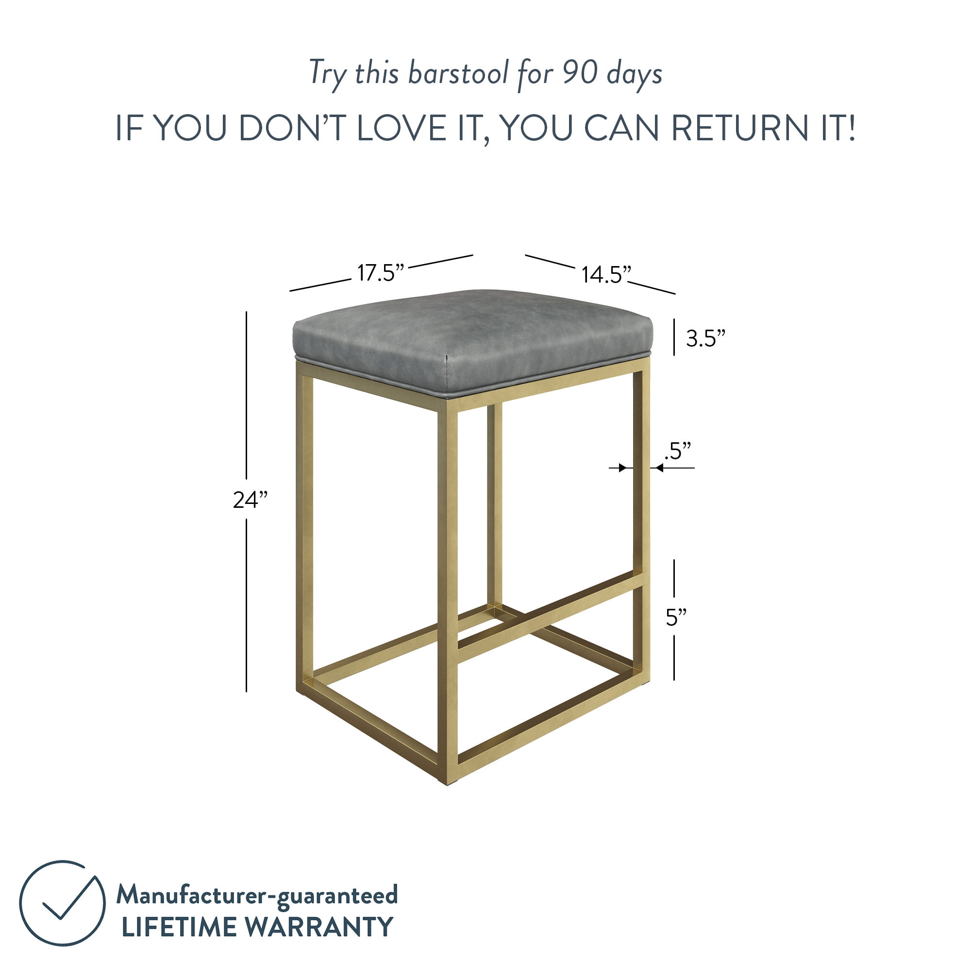Nathan James Nelson Bar Stool with Leather Cushion and Metal Base, 24", Gray/Gold