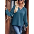 thumbnail image 5 of Solid Color V Neck Tie Cuff Long Sleeve Textured Blouse for Women Teal Small, 5 of 5