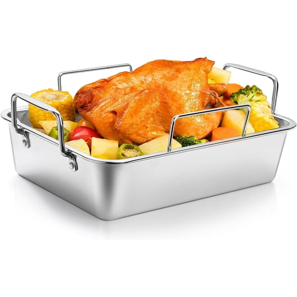 16×11 Inch Stainless Steel Roasting Pan with V Rack Flat Rack Deep Turkey Roaster