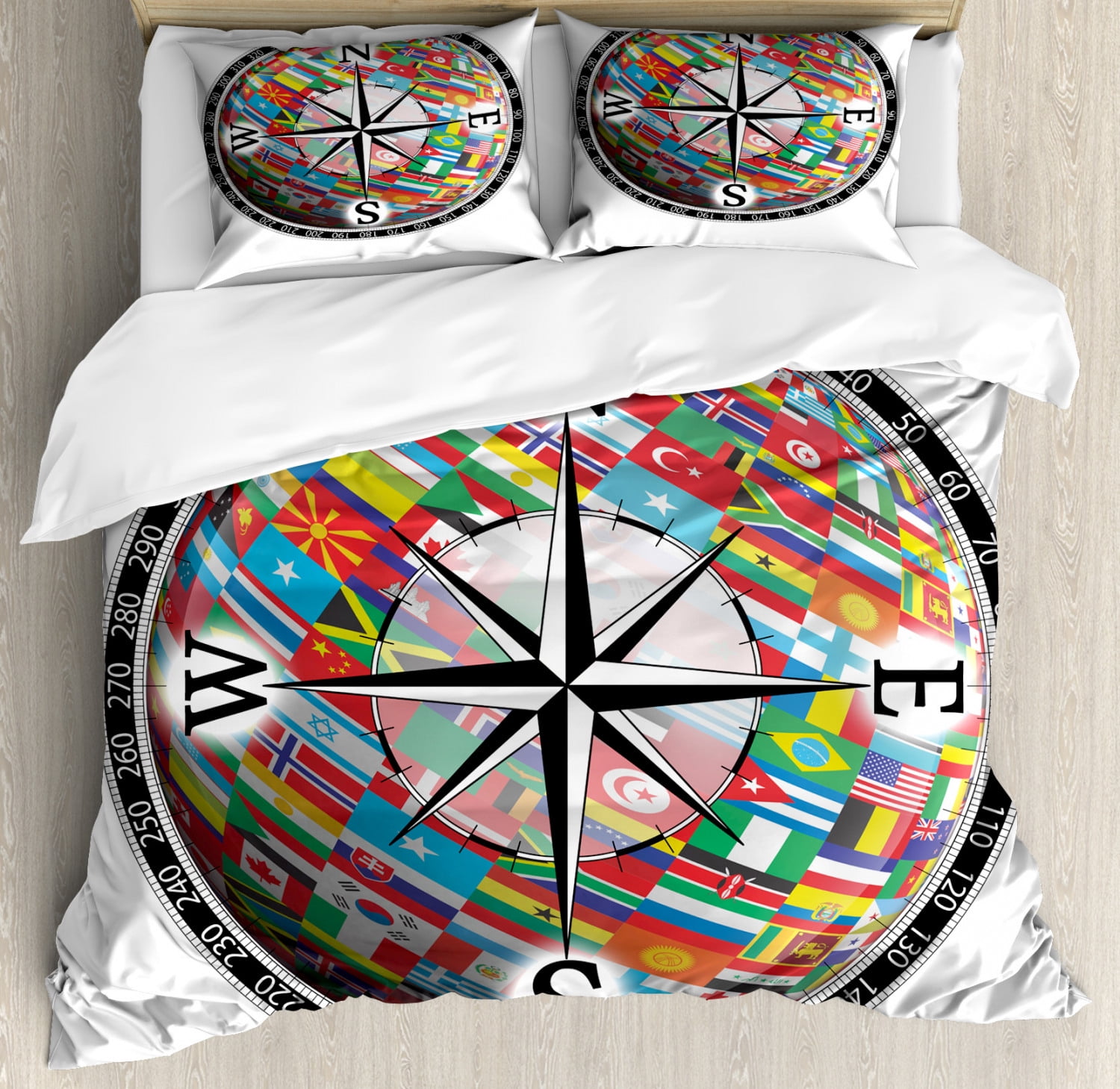 Compass Duvet Cover Set Flags Of The Globe Inside A Compass And