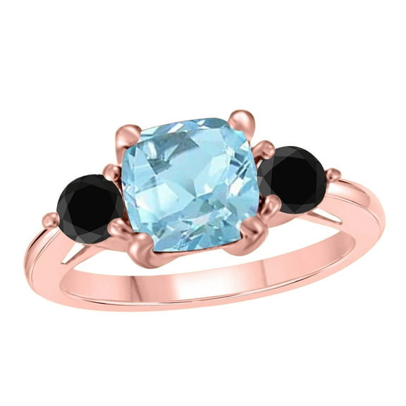 Mauli Jewels Rings for Women 2.2 Carat Cushion Shape Aquamarine And Black Diamond Gemstone Ring Prong-Setting 10K Rose Gold